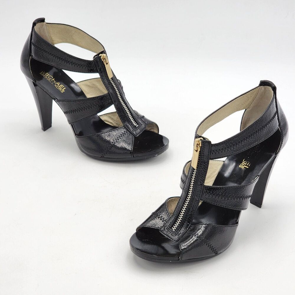 Michael Kors Zipper Patent Leather Strappy Peep Toe Heels Black Gold Size 8.5